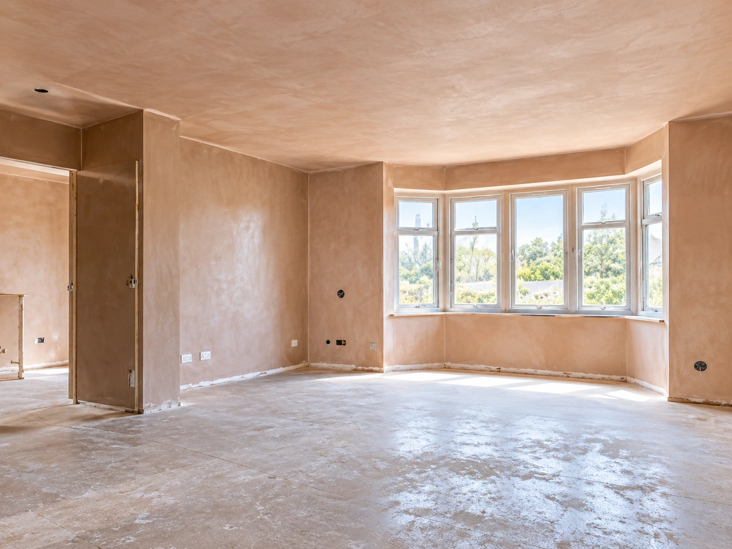 Freshly plastered room with a wide bay window, smooth walls and a plastered ceiling
