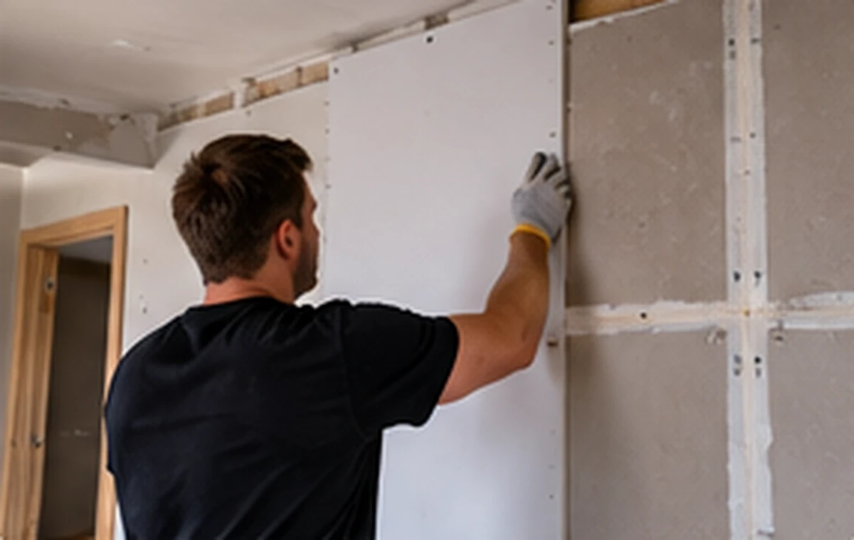 Tradesperson fixing plasterboard to a wall