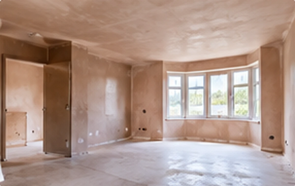 Plasterer working on a living room wall