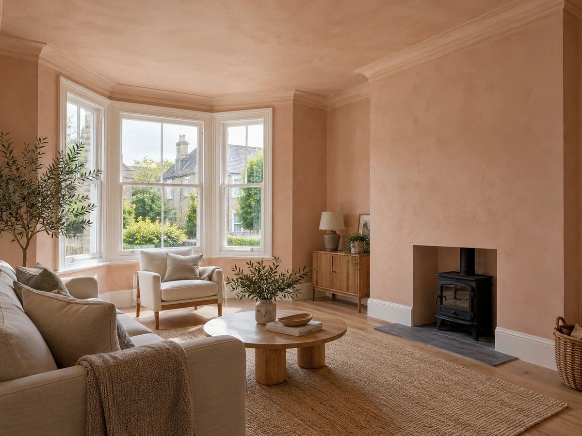 Living room with a bay window and log burner, with smooth skimmed walls and a plastered ceiling